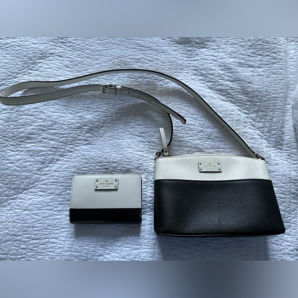 Kate Spade Black and White Leather Crossbody and Wallet Set